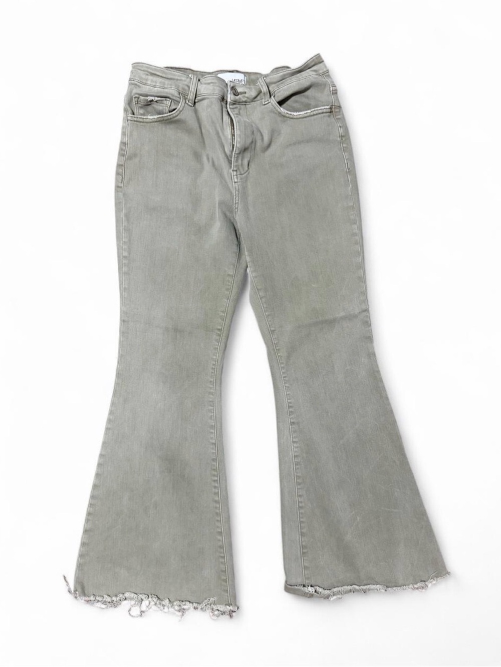 Frayed-Hem Flare Jeans in Sage Green